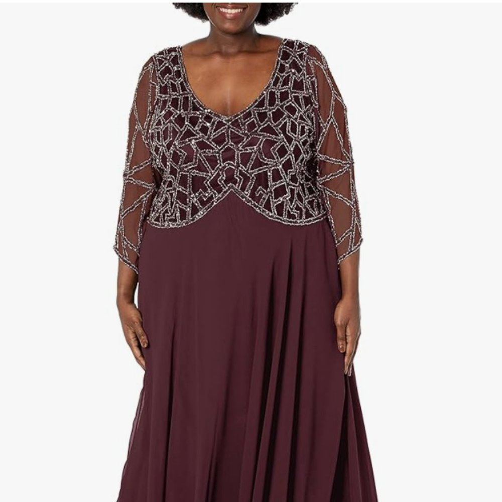 J Kara Women's Plus Size 3/4 Sleeve Geo Beaded Gown (Wine Multi, 22W)